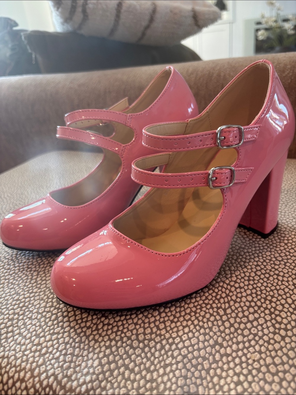 Pink Patent Double-Strap Block Heel Mary Janes-Halloween Daphne shoes or Bo Peep